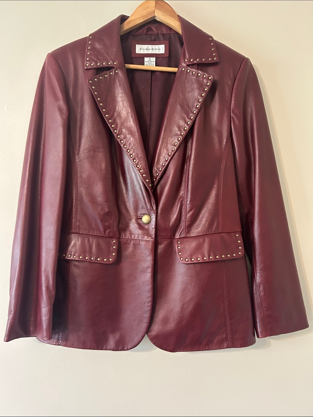 Vintage Preston & York Lamb Burgundy Leather Blazer Jacket Medium Gold Studs